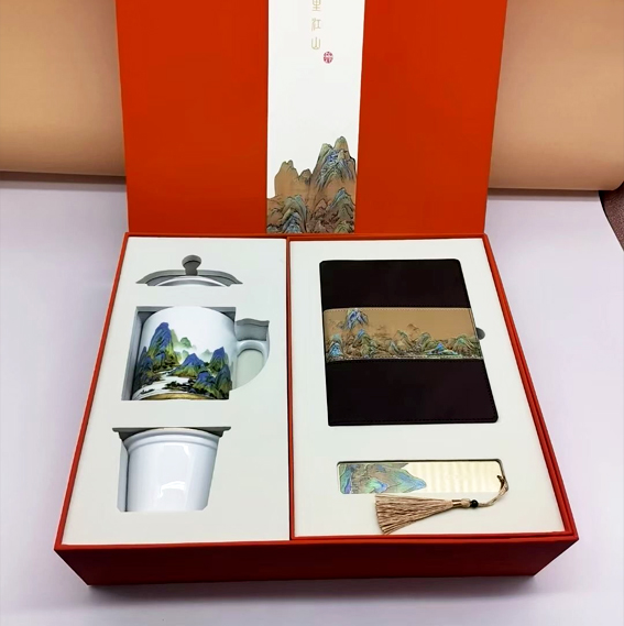 千里江山中国风文化陶瓷办公杯套装商务六件套笔记本签字笔名片座